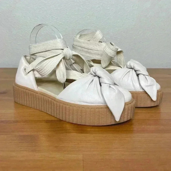 FENTY PUMA Women's 8.5 The Bow Creeper Sandals Cream Leather Lace Up Flatform - Picture 2 of 16